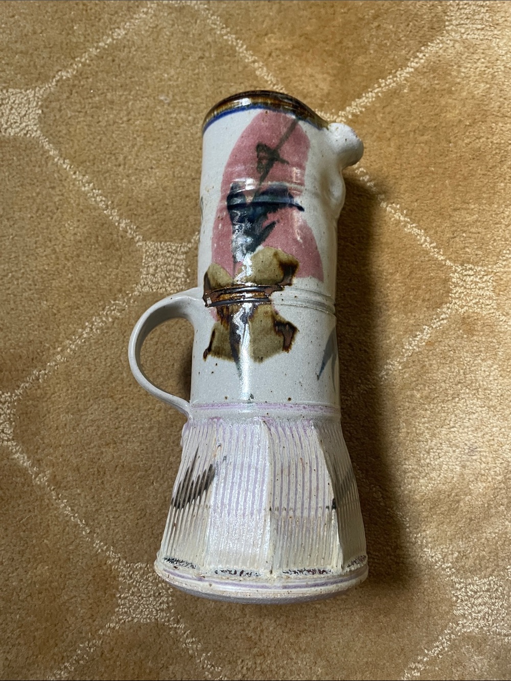 Handmade Ceramic Pitcher Vase in White with Pink and Brown Accents